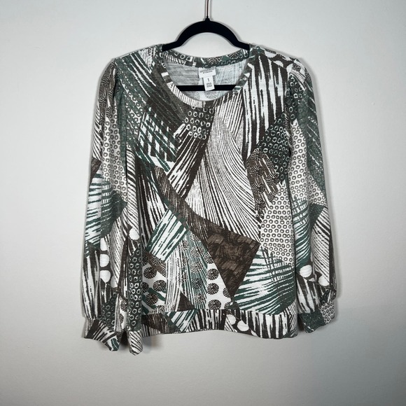 Weekends by Chico's Ray Graph Top 1 M Long Sleeve Printed Casual Alpine Green - Picture 4 of 10